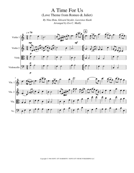 Free Sheet Music A Time For Us Love Theme From Romeo Juliet String Quartet