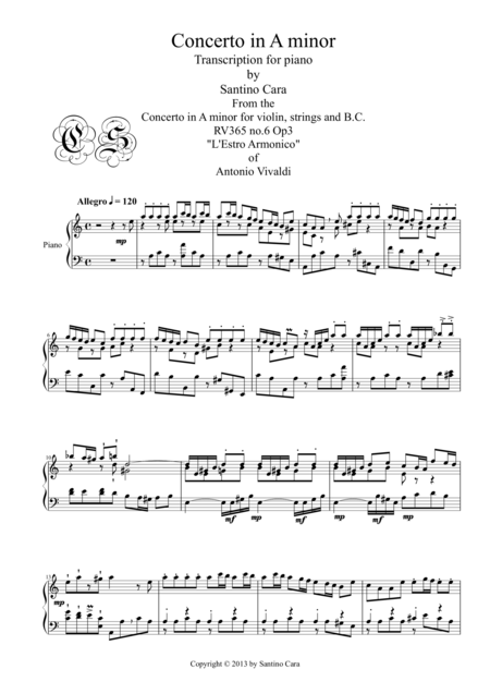 A Vivaldi Concerto In A Minor Rv 365 Transcription For Piano Sheet Music