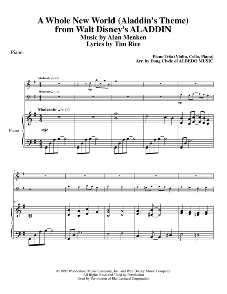 Free Sheet Music A Whole New World Aladdins Theme From Walt Disneys Aladdin For Piano Trio