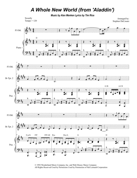 Free Sheet Music A Whole New World Duet For Bb Trumpet