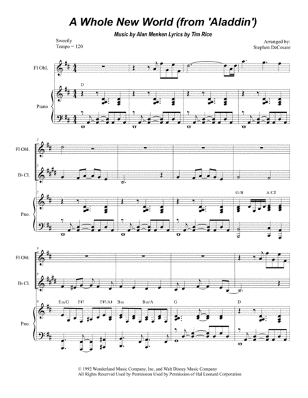 A Whole New World Duet For Flute And Bb Clarinet Sheet Music