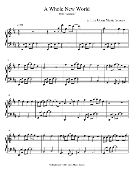 A Whole New World Easy Piano Sheet Music