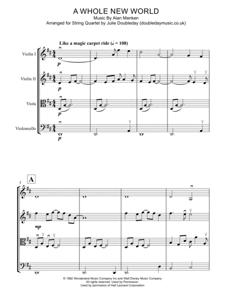 A Whole New World For String Quartet Score And Parts Sheet Music