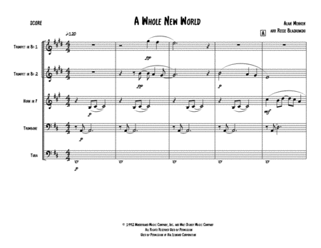 A Whole New World From Aladdin Brass Quintet Sheet Music