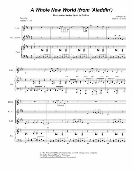 Free Sheet Music A Whole New World From Aladdin For Clarinet Choir