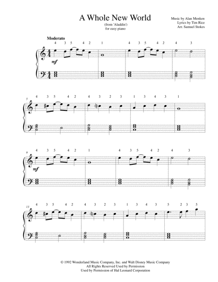 A Whole New World From Aladdin For Easy Piano Sheet Music