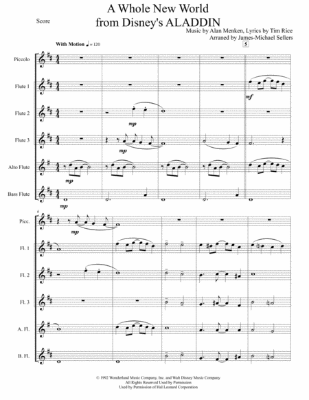 Free Sheet Music A Whole New World From Aladdin For Flute Choir