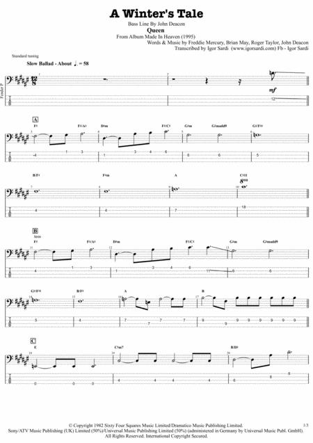 A Winter Tale Queen John Deacon Complete And Accurate Bass Transcription Whit Tab Sheet Music