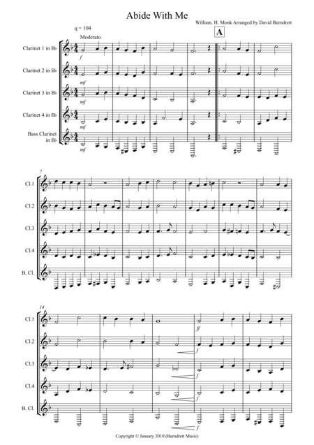 Free Sheet Music Abide With Me For Clarinet Quintet