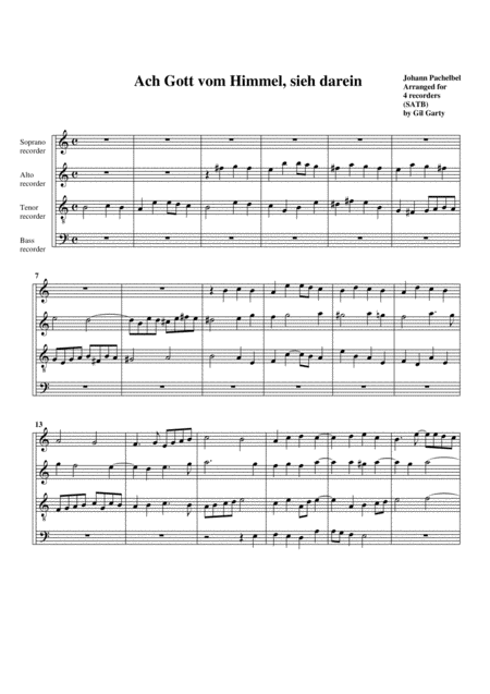 Free Sheet Music Ach Gott Vom Himmel Sieh Darein No 1 Arrangement For 4 Recorders