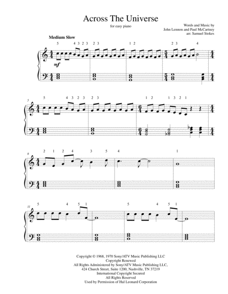 Free Sheet Music Across The Universe For Easy Piano