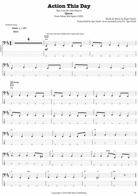 Free Sheet Music Action This Day Queen John Deacon Complete And Accurate Bass Transcription Whit Tab