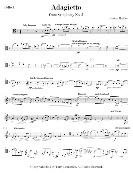 Free Sheet Music Adagietto From Symphony No 5 Arranged For 4 Cellos And Harp