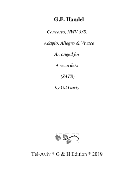 Adagio Allegro Vivace From Concerto Hwv 338 Arrangement For 4 Recorders Sheet Music