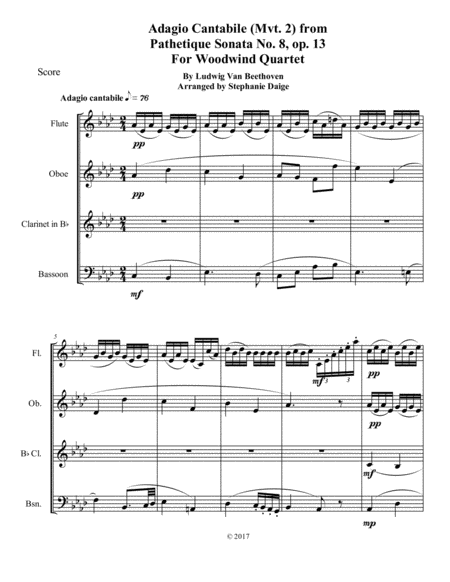 Adagio Cantabile From Beethovens Pathetique Sonata For Woodwind Quartet Sheet Music