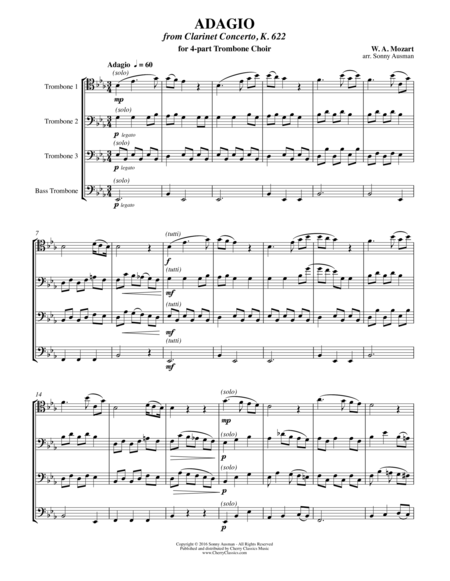 Adagio From Clarinet Concerto K 622 For 4 Part Trombone Choir Sheet Music