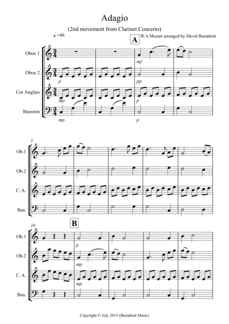 Adagio From Mozarts Clarinet Concerto For Double Reed Quartet Sheet Music