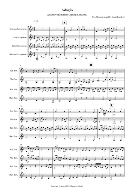 Adagio From Mozarts Clarinet Concerto For Saxophone Quartet Sheet Music