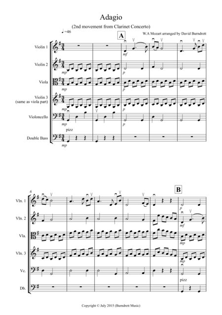 Adagio From Mozarts Clarinet Concerto For String Orchestra Sheet Music