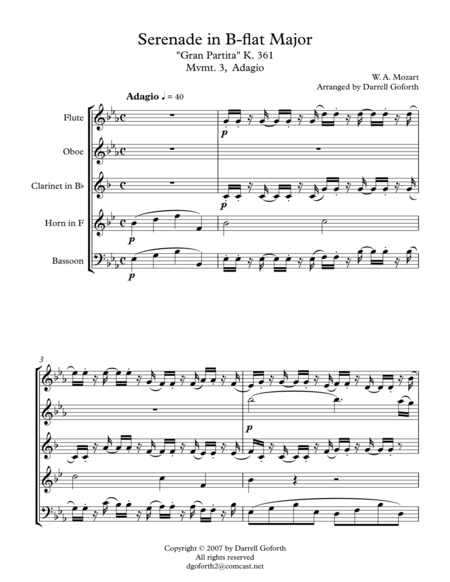 Adagio From Serenade In Bb Major K 361 Gran Partita Arranged For Wind Quintet Sheet Music