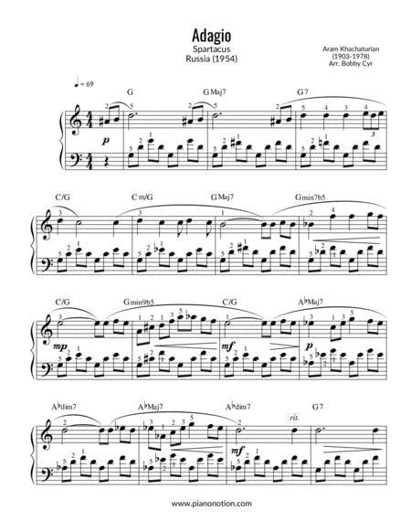 Free Sheet Music Adagio From Spartacus Theme Piano Solo