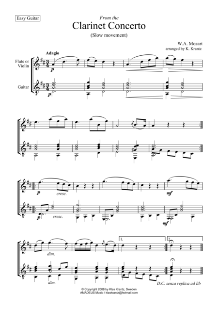 Adagio From The Clarinet Concerto Theme For Violin Or Flute And Easy Guitar Sheet Music