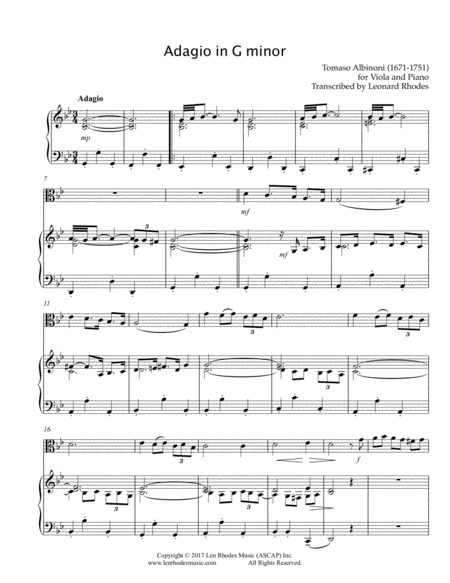 Adagio In G Minor Tomaso Albinoni Transcribed For Viola And Piano Sheet Music