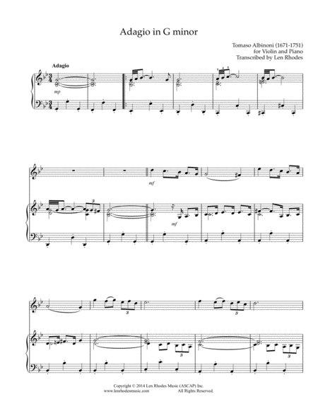 Adagio In G Minor Tomaso Albinoni Transcribed For Violin And Piano Sheet Music