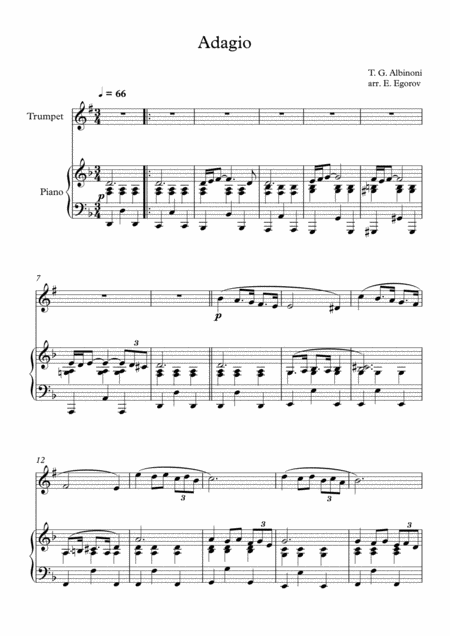 Adagio In G Minor Tomaso Giovanni Albinoni For Trumpet Piano Sheet Music