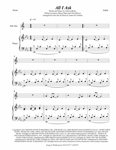 Adele All I Ask For Alto Sax Piano Sheet Music