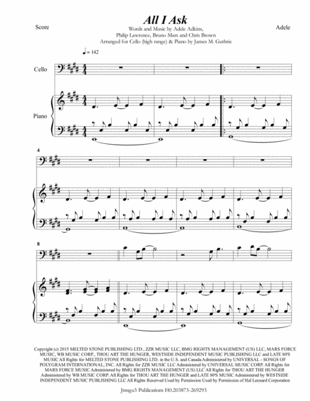 Adele All I Ask For Cello High Range Piano Sheet Music