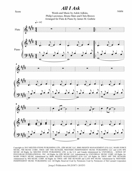 Adele All I Ask For Flute Piano Sheet Music