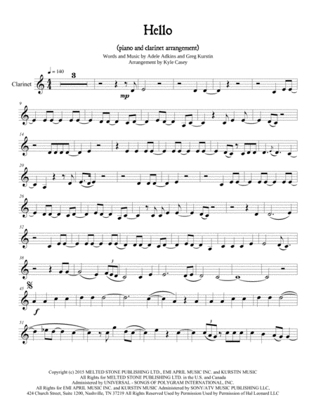 Adele Hello For Clarinet And Piano Sheet Music