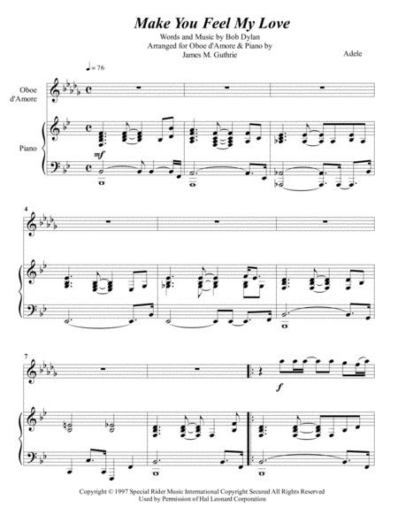 Adele Make You Feel My Love For Oboe D Amore Piano Sheet Music