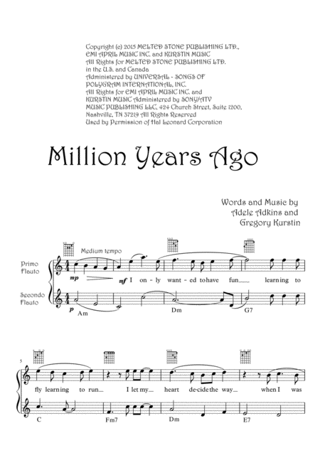 Adele Million Years Ago Flute Duo Sheet Music