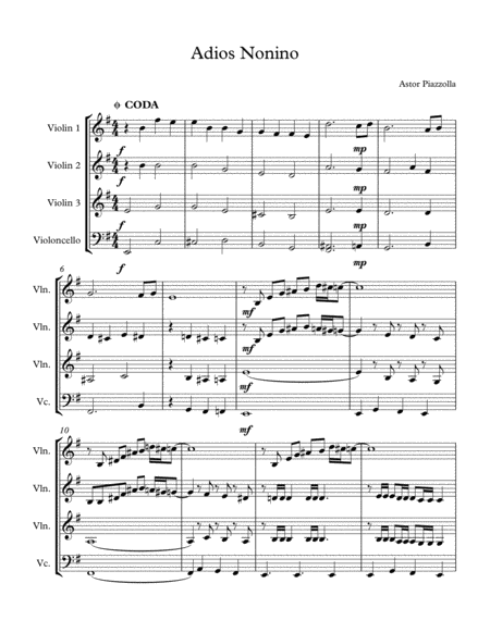 Adios Nonino Astor Piazzolla For 3 Violin And 1 Cello Sheet Music