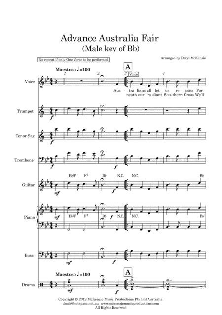 Advance Australia Fair Australian National Anthem 2 Verses Vocal Or Instrumental 3 Horns Rhythm Section Key Of Bb Sheet Music