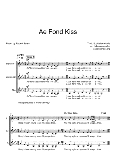 Ae Fond Kiss Ssa Sheet Music