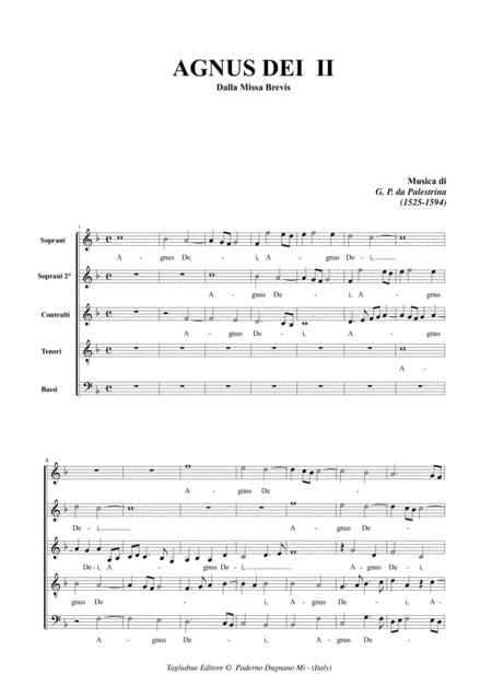 Agnus Dei Ii From Missa Brevis By Palestrina For Ssatb Choir Ss In Canon Sheet Music