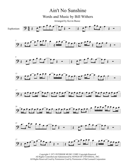 Aint No Sunshine Original Key Euphonium Sheet Music