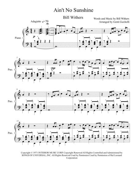 Aint No Sunshine Piano Solo Sheet Music