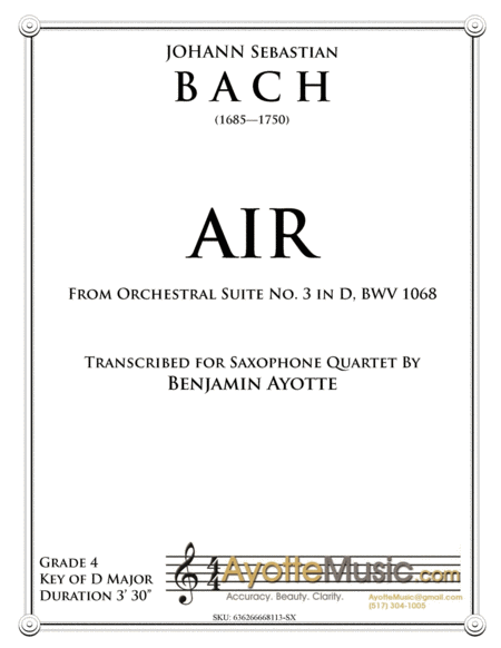 Free Sheet Music Air From Orchestral Suite No 3 Bwv 1068 Transcribed For Saxophone Quartet