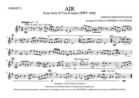 Air From Suite In D Bwv 1068 Bach March Card Parts A5 Only Sheet Music