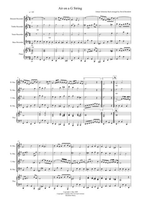 Air On A G String For Recorder Quartet Sheet Music