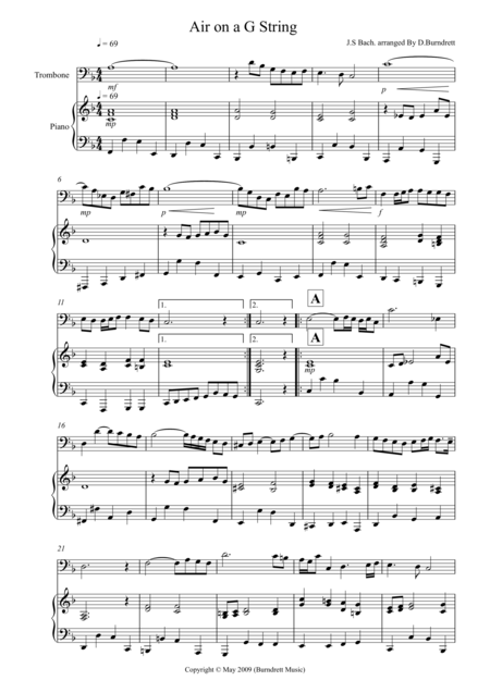 Free Sheet Music Air On A G String For Trombone And Piano