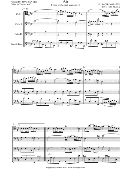 Air On G String For Cello Trio And Double Bass Sheet Music