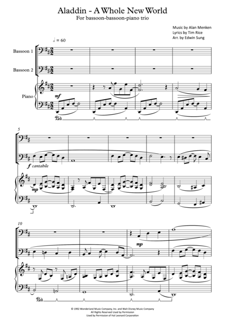 Free Sheet Music Aladdin A Whole New World For Bassoon Bassoon Piano Trio Including Part Scores