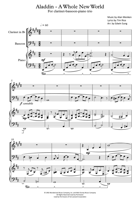 Free Sheet Music Aladdin A Whole New World For Clarinet Bassoon Piano Trio Including Part Scores