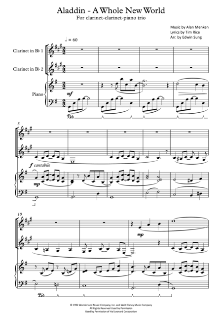 Aladdin A Whole New World For Clarinet Clarinet Piano Trio Including Part Scores Sheet Music