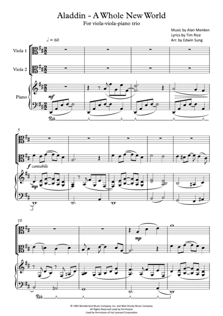 Free Sheet Music Aladdin A Whole New World For Viola Viola Piano Trio Including Part Scores